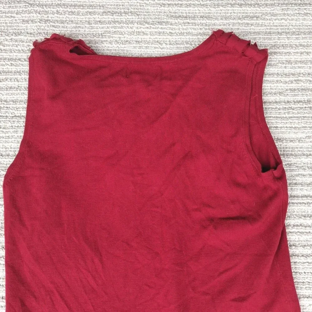 DRESSBARN COLLECTION RED SLEEVELESS ROSETTE RUFFLE SHELL TOP TANK BLOUSE L - Picture 8 of 9